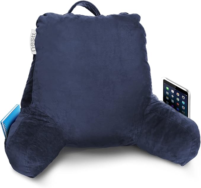 Nestl Reading Pillow Standard Bed Pillow, Back Pillow for Sitting in Bed Shredded Memory Foam Chair Pillow, Reading & Bed Rest Pillows Navy Blue Back Pillow for Bed, Bed Chair Arm Pillow with Pockets