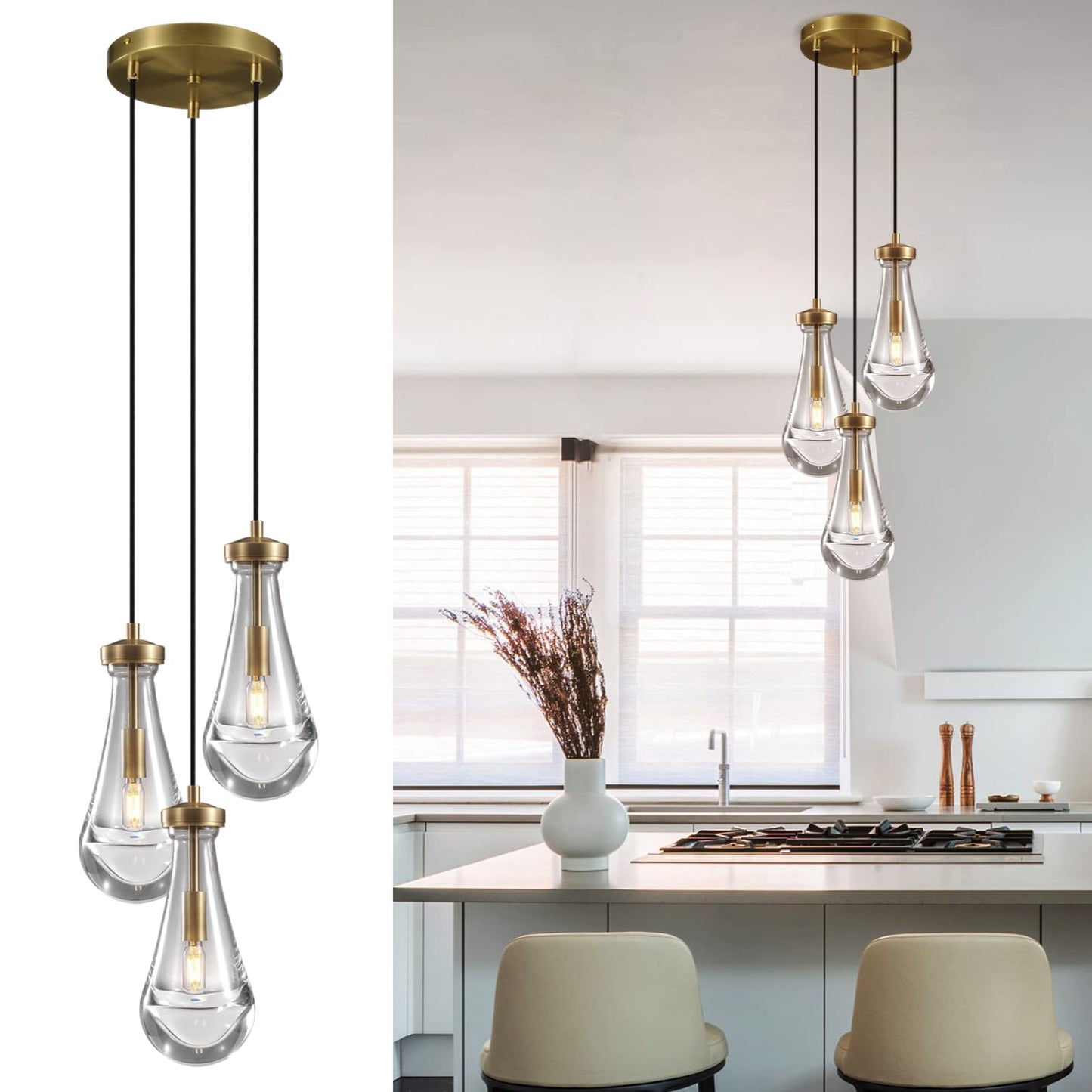 Joyunleo Brass 3 Light Pendant Lighting for Kitchen Island, Raindrop Cluster Pendant Light Fixture, Adjustable Hanging Rope Glas
