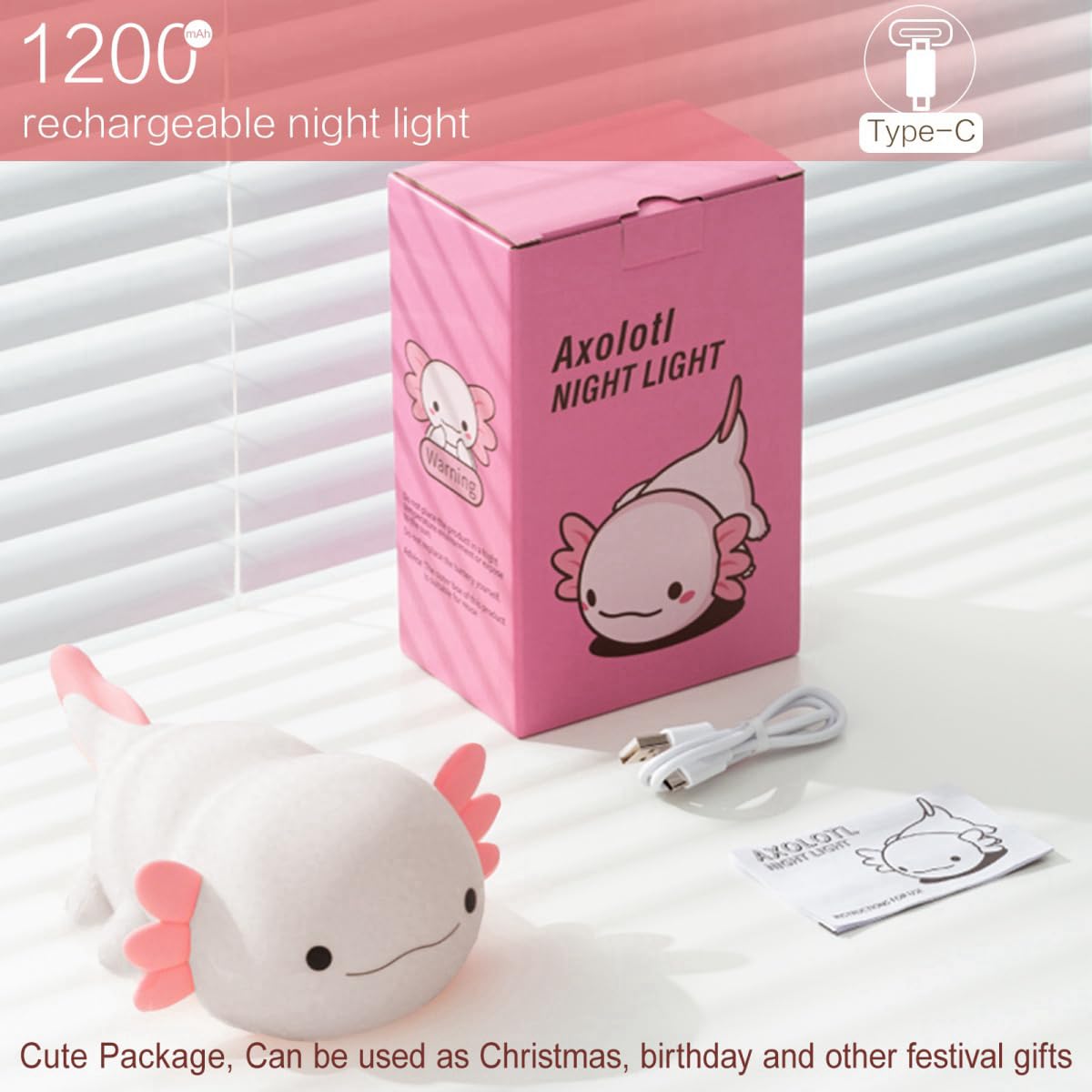 Yr Yrhh-Pet Axolotl Night Light For Kids  Cute Squishy Rechargeable Axolotls Lamp  Unique White Pink Xmas Axolotl Gifts  Dimmable Led Silicone Nightlight  Baby Safe  Girls Room College Dorm D?Cor