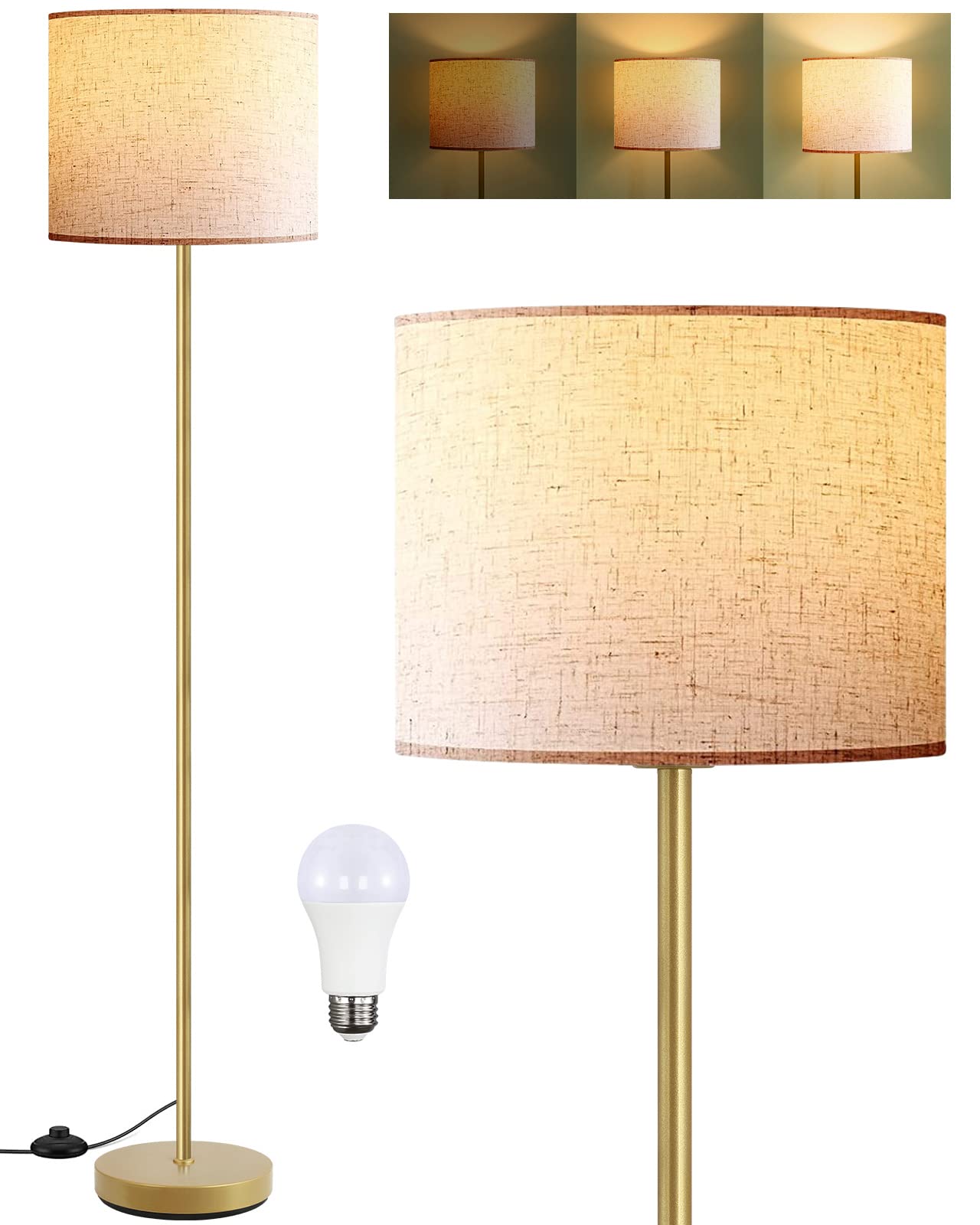 Boostarea Floor Lamp - 15W Led, 3 Dimmable Levels, Gold Metal, On/Off Footswitch, Tall Standing Lamp For Living Room/Bedroom/Office