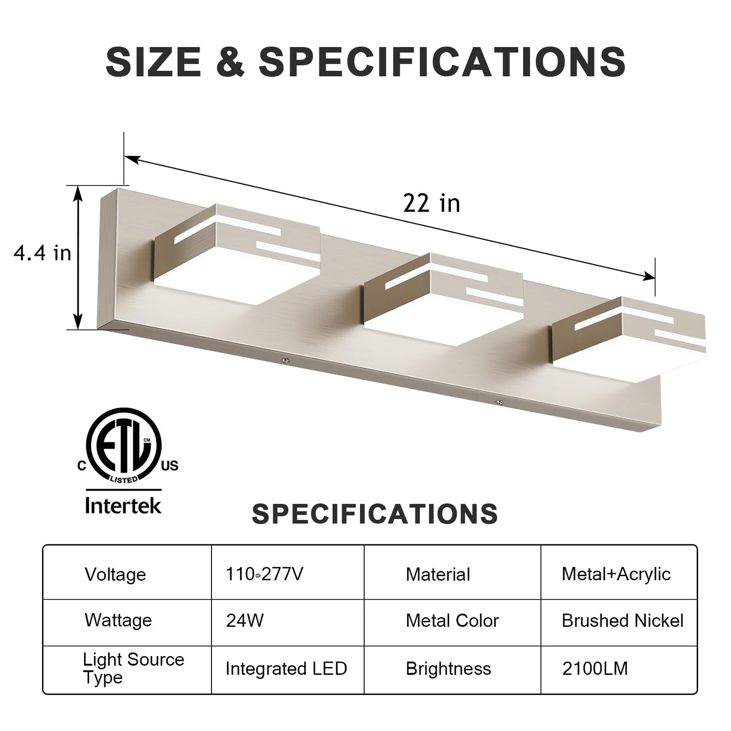Lkhf Led Modern Bathroom Vanity Light Fixtures  3-Light 22-Inch Dimmable Brushed Nickel Vanity Lights For Bathroom Lighting Fixtures Over Mirror  With 350?Rotatable Acrylic Heads (Cool White 6000K)