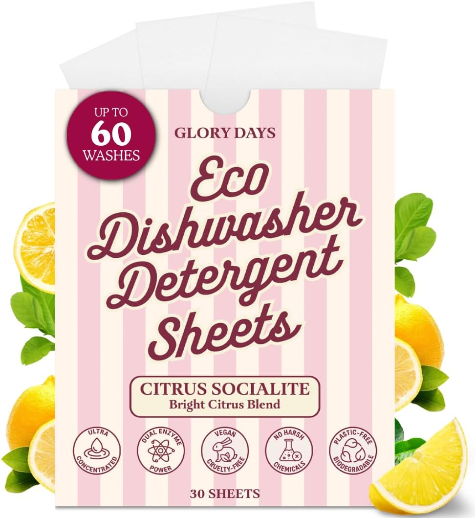 Glory Days Dishwasher Sheets – Citrus Socialite | Eco Friendly, Clean Dishwasher Detergent | Dual Enzyme, Plastic-Free, Vegan | 30 Count