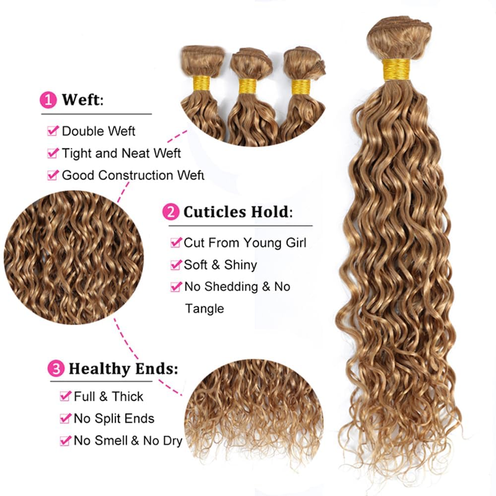 Lagalaga Bundles Human Hair 28 30 32 Inch Water Wave Brown 27 Color Human Hair Bundles Unprocessed Brazilian Virgin Hair Quick W