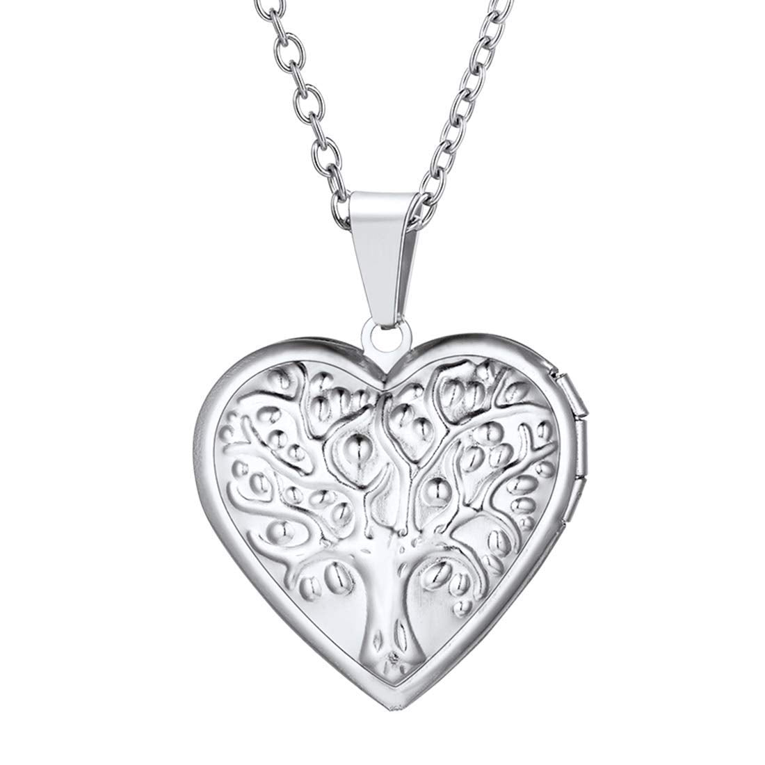 U7 Platinum Plated Family Tree Heart Shape Photo Locket Necklace, Christmas with Decent Box