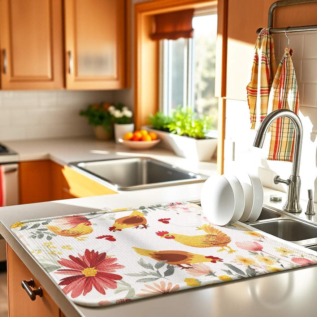 Chicken Large Dish Drying Mat for Kitchen Counter 16''x18''Microfiber Absorbent - Foldable, Quick-Dry, Non-Slip, & Compact Kitchen Drying Pad for Dishes, Countertops, and Cookware