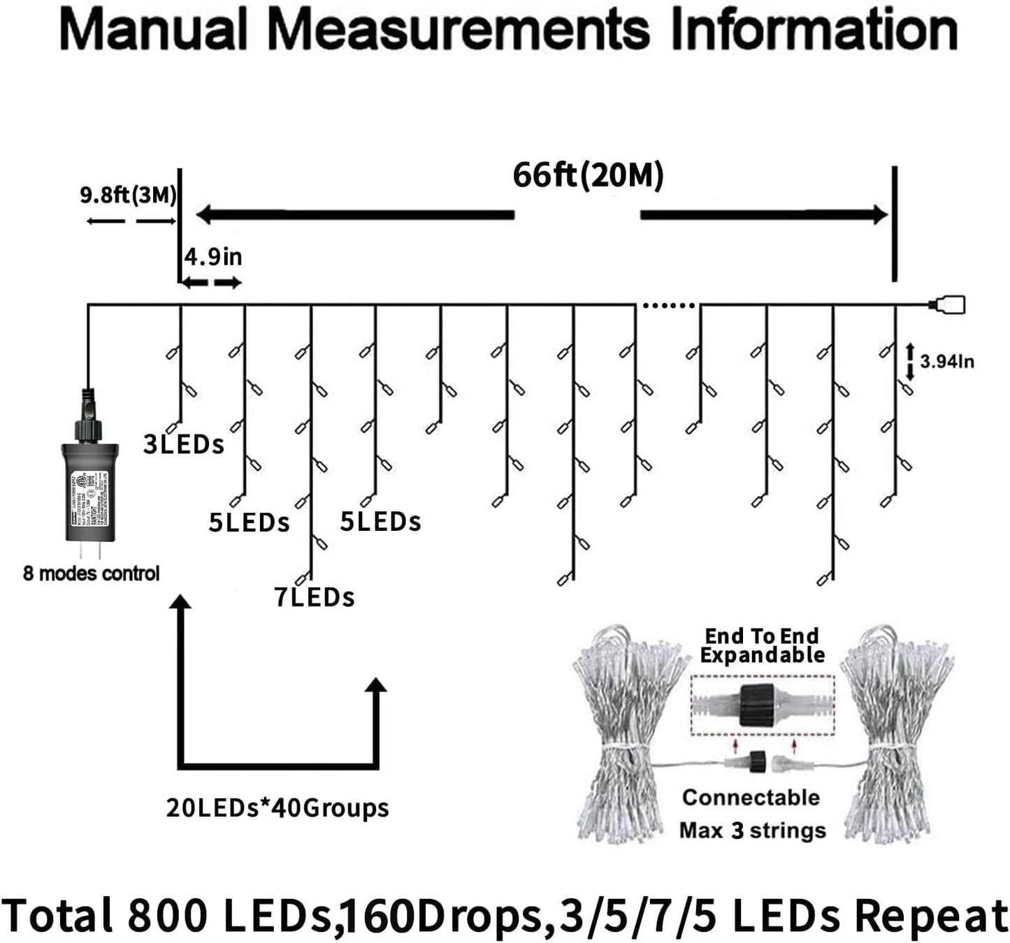 YEGUO Icicle Lights, 800 LED Warm White, 66ft, 160 Drops, Connectable, 8 Modes, Memory Timer, Outdoor Christmas Decorations
