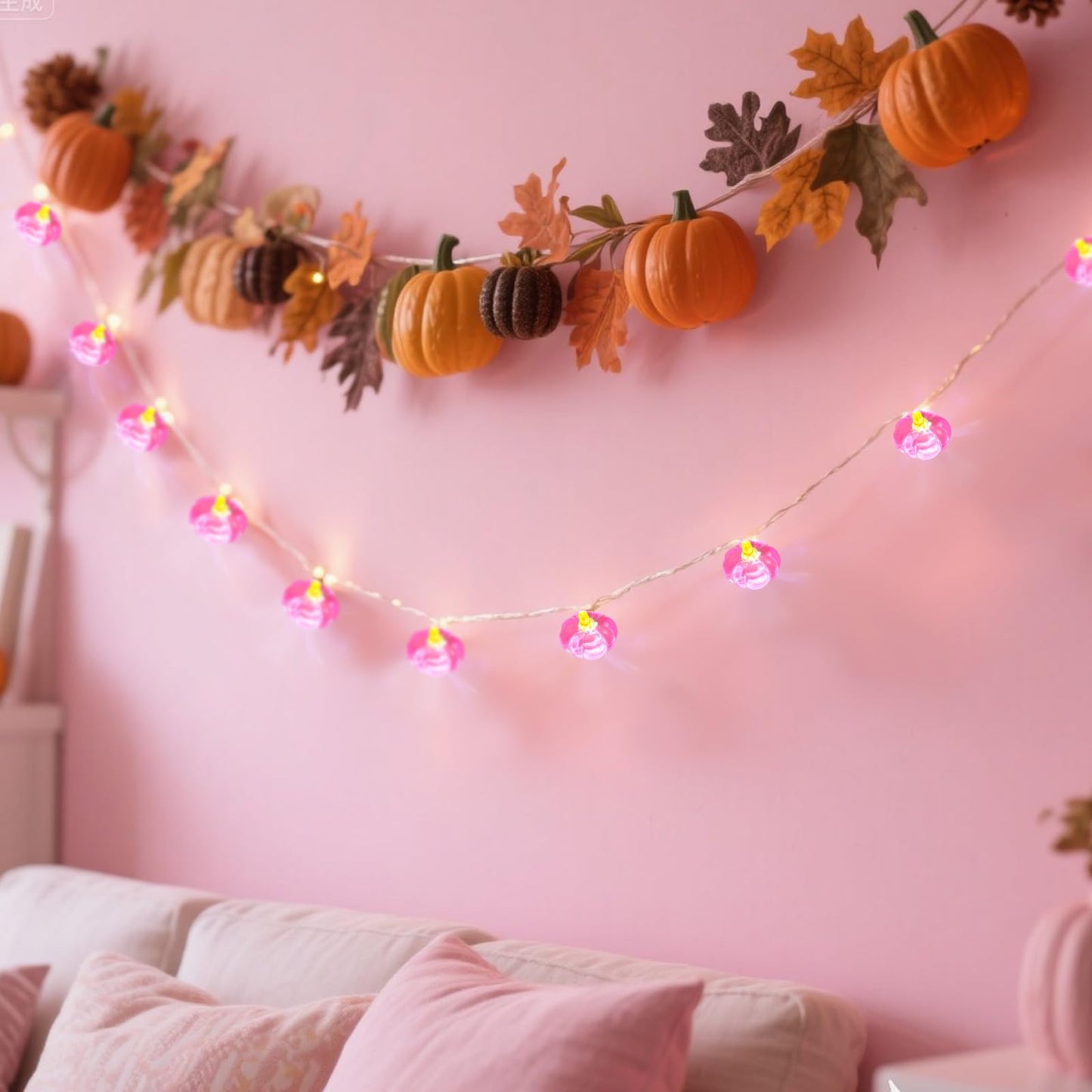 Glooglitter 2 Pcs Fall Thanksgiving String Lights 6.5 Ft Pink Pumpkin Lights String Baby Shower Decorations For Thanksgiving Halloween Indoor Window Tree Yard Porch Door Decor