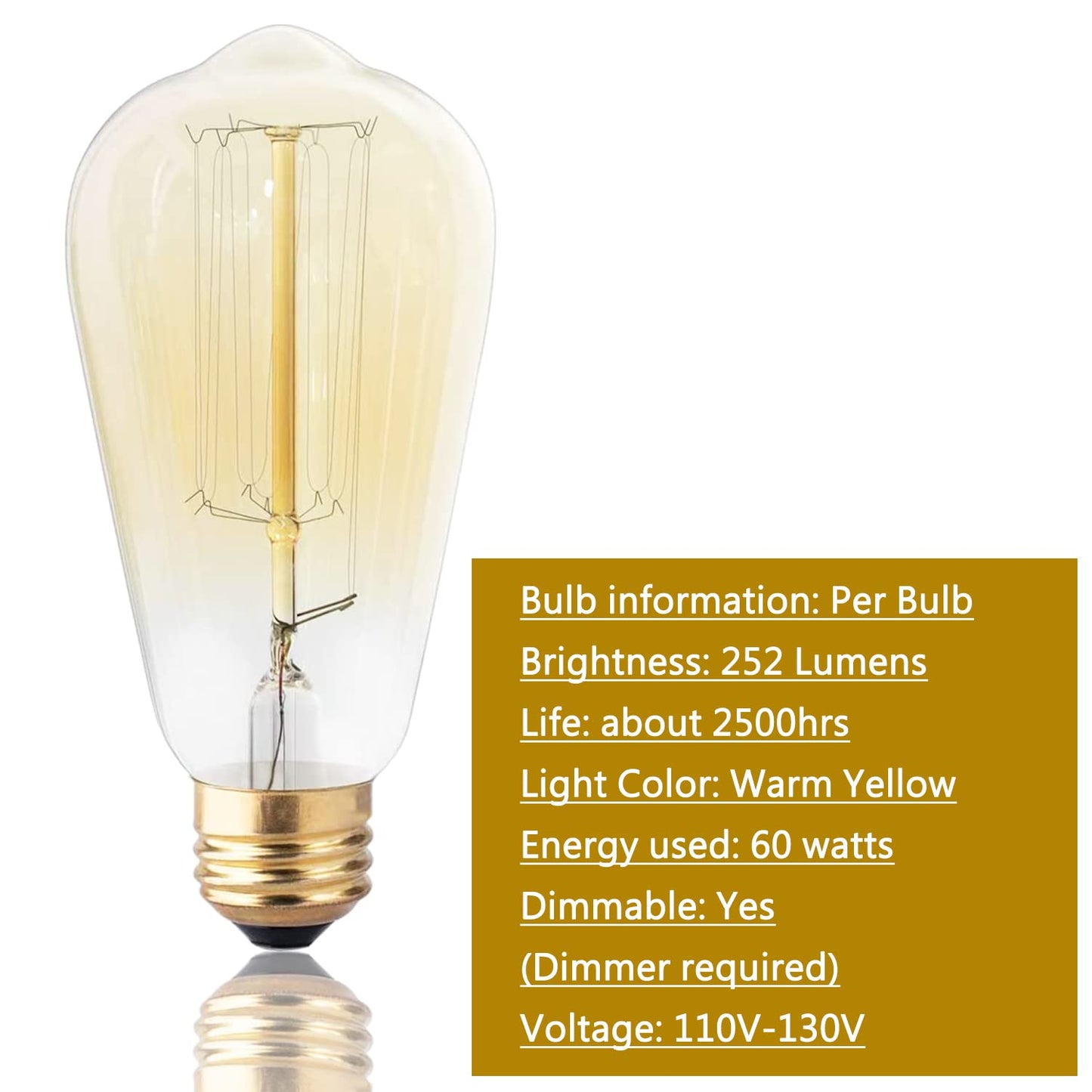 Dsyj Vintage 60W Incandescent Light Bulbs E26 Base Dimmable, Warm White, 252 Lumens, 1 Count, Model Dsyj-515182