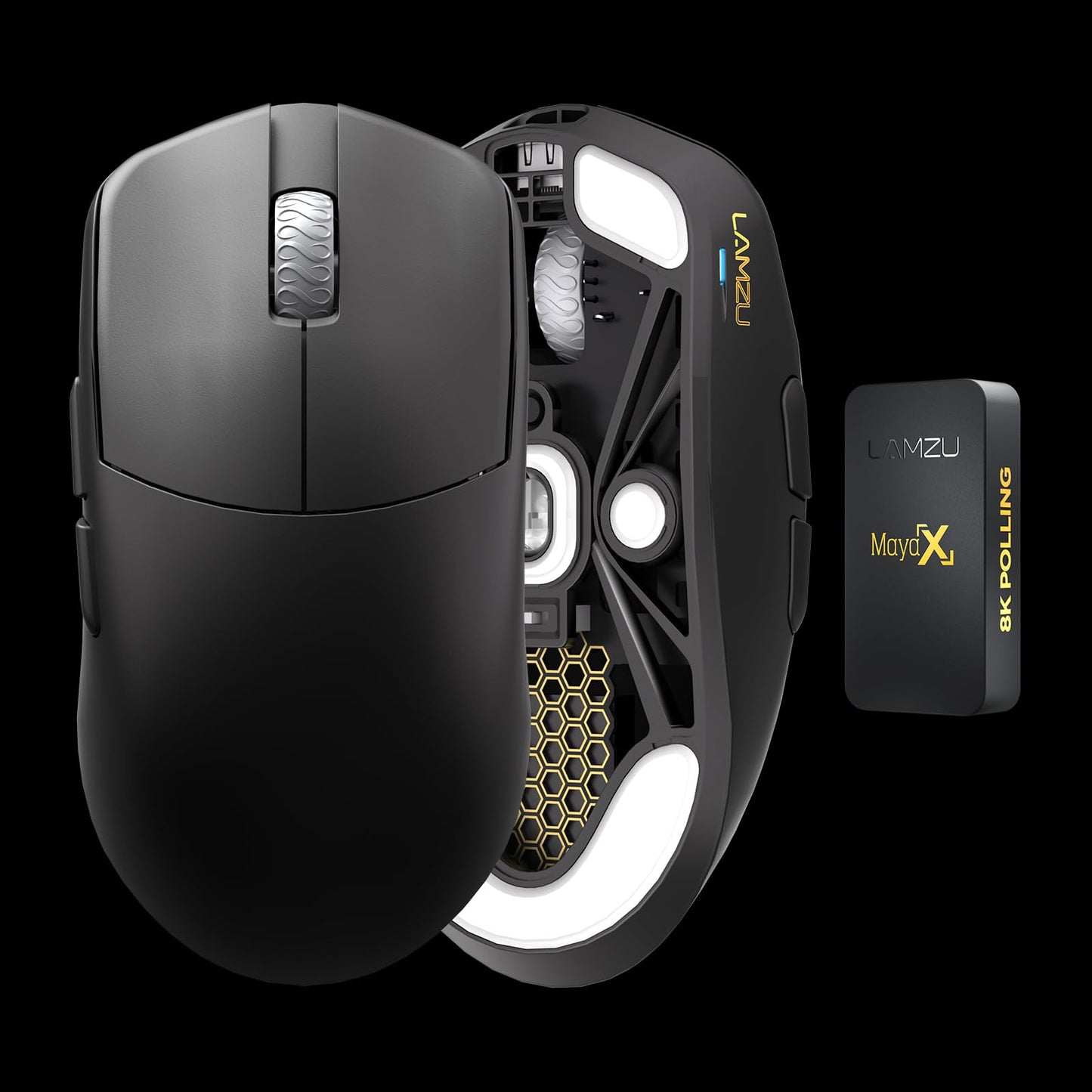Lamzu Maya X Wireless Gaming Mouse, Ultra Lightweight 47g, Optical Switch, Maximum 30000 DPI, Symmetrical, MCU Nordic 52840, Dust-Proof Encoder, PAW3950 Sensor(Larger Maya) (Black)