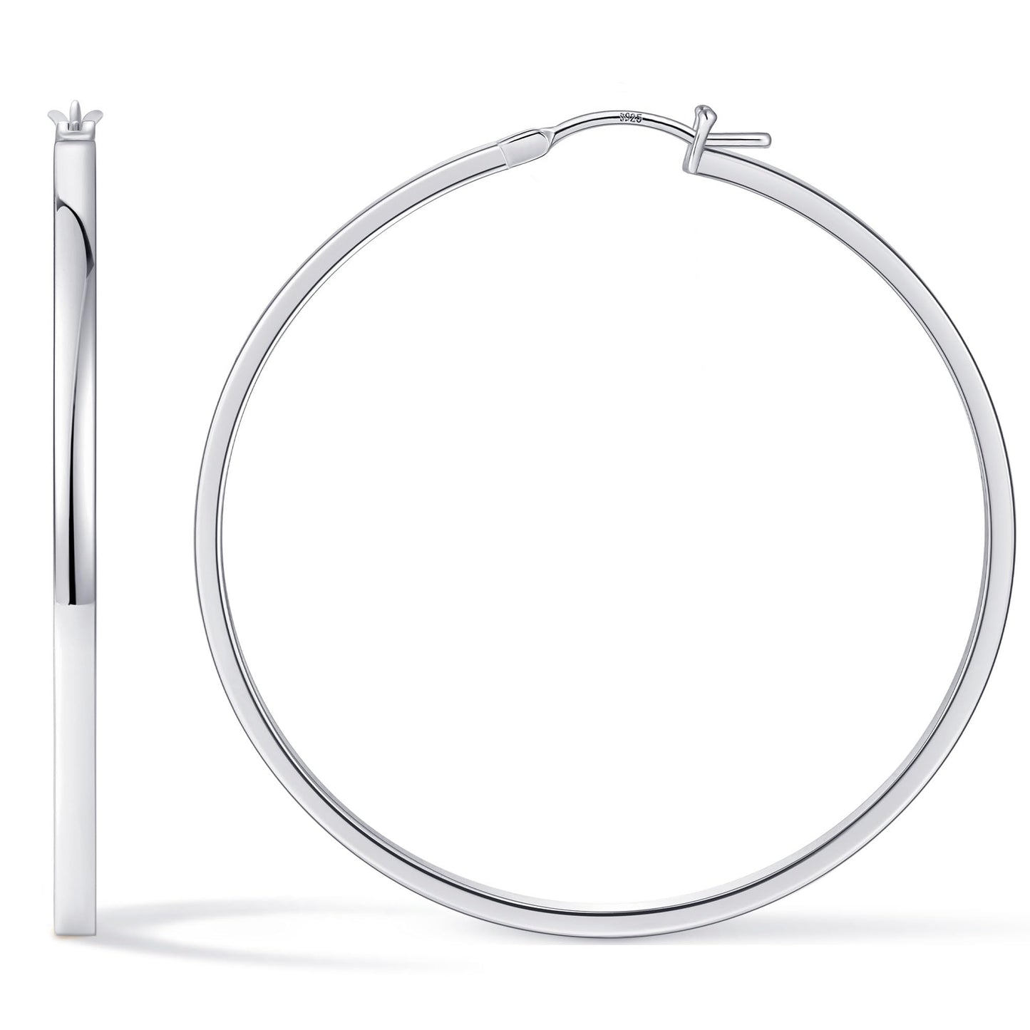 Gacimy Silver Hoop Earrings for Women, 14K White Gold Plated Flatted Hoops with 925 Sterling Silver Post, 50mm Big Earrings for