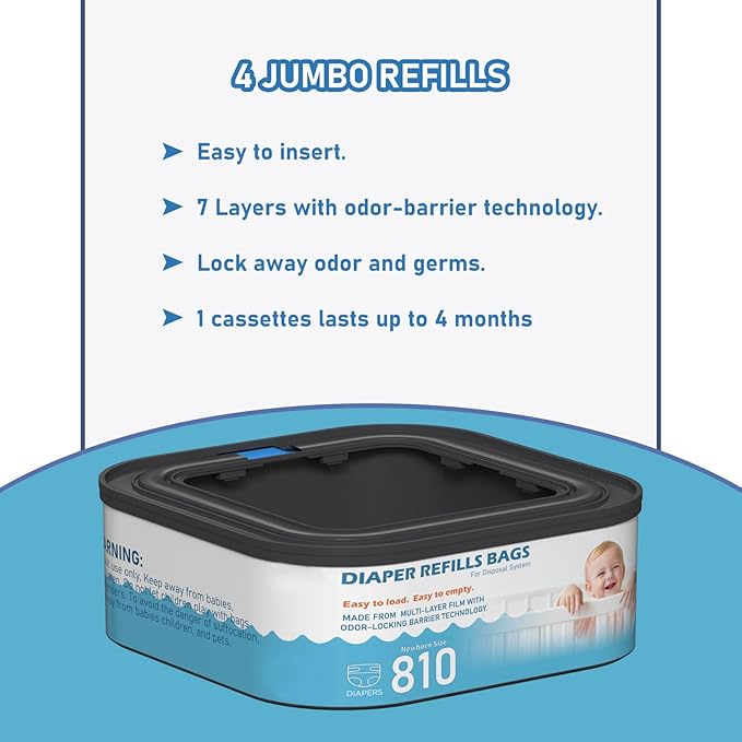 Jumbo Square Refills Disposal Bags Refill Compatible with Diaper Genie Classic, Compact and Select Pails, Hold Up to 810 Newborn-Sized Diapers Per Refill, Baby Powder Scent, 5 Packs