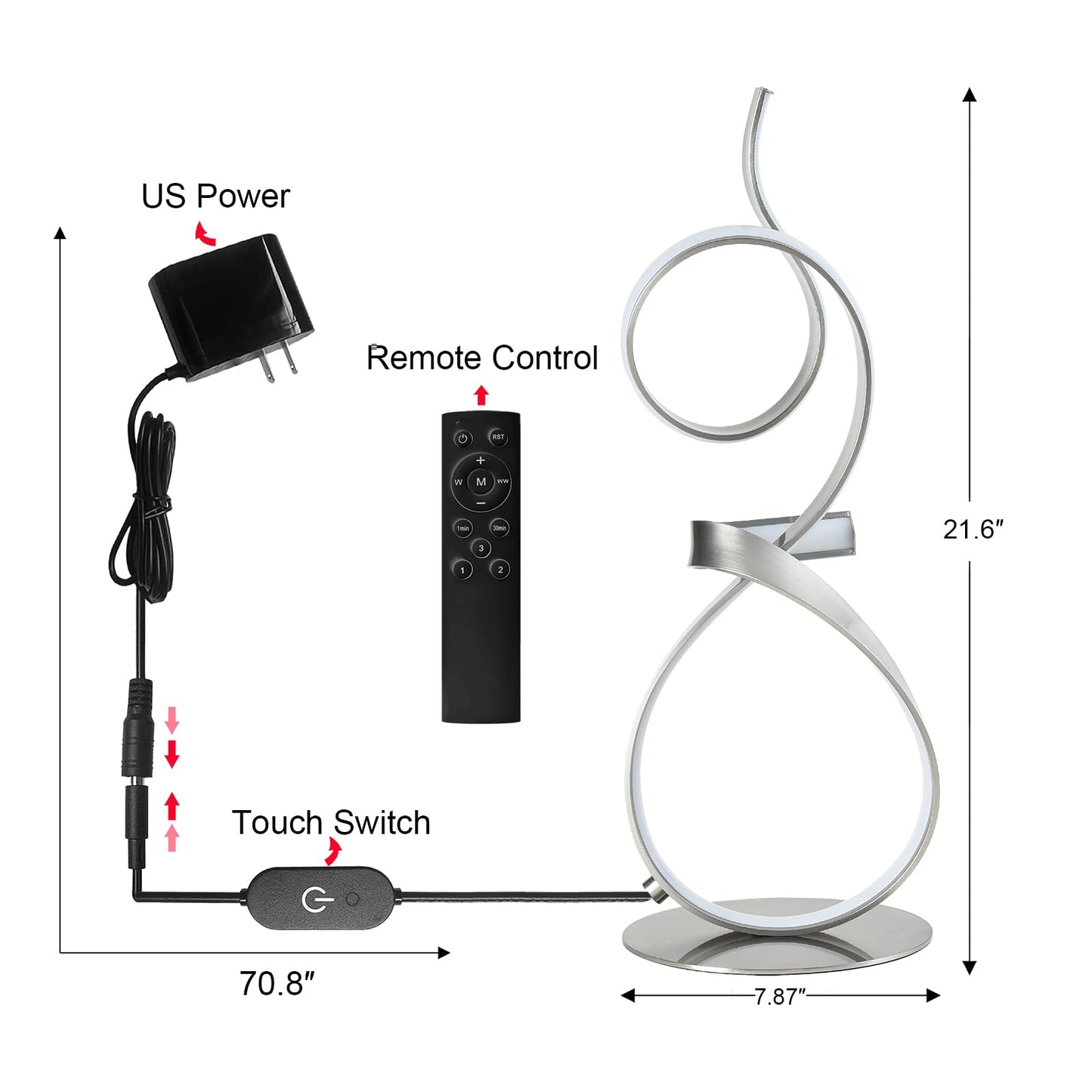 AooLiWang Modern LED Table Lamp with Remote Control, 21inch, Sand Nickel, Model ALW-TB, 3 Color Touch Dimmer