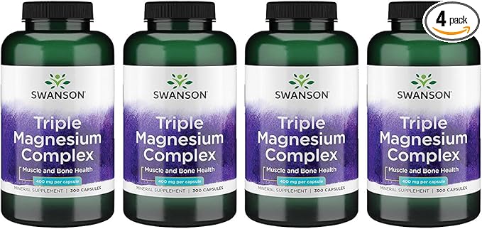 Swanson Triple Magnesium Complex - Mineral Supplement - Natural Support - Featuring Citrate, Oxide & Aspartate - (300 Capsules, 400mg Each,) (4 Pack)
