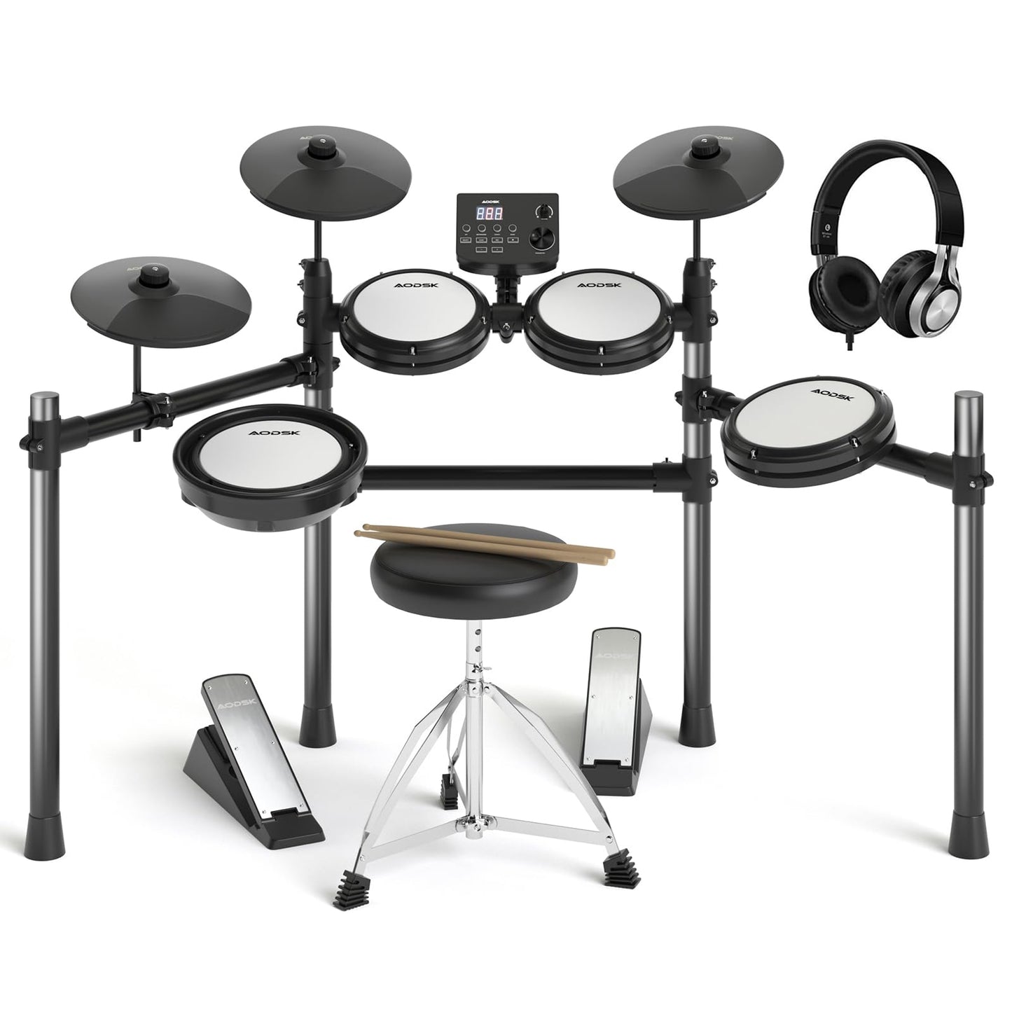 AODSK Electric Drum Set with Quiet Mesh Pads,Electronic Drum for Beginner,USB MIDI,Throne,Headphones,Sticks, Included 15 Kits an