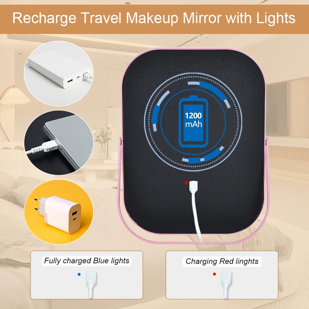 YEKKOPT Lighted Vanity Mirror, Rechargeable Travel Makeup Mirror with Lights, 8 ' 'x6 ' ' Desk Mirror with Lights,Make up Mirror