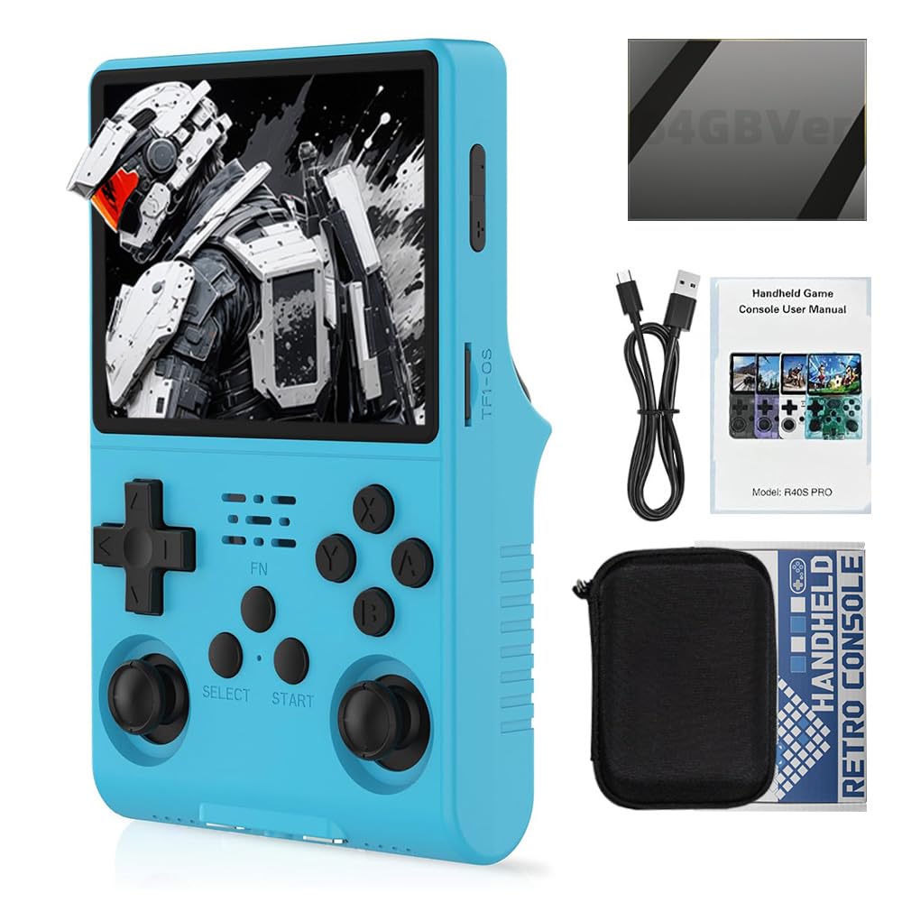 R40S Pro Handheld Game Console 3.5-in 640*480 IPS OCA Screen ArkOS 2.0 RK3326 r40spro with Portable Case Blue-64GBVer.