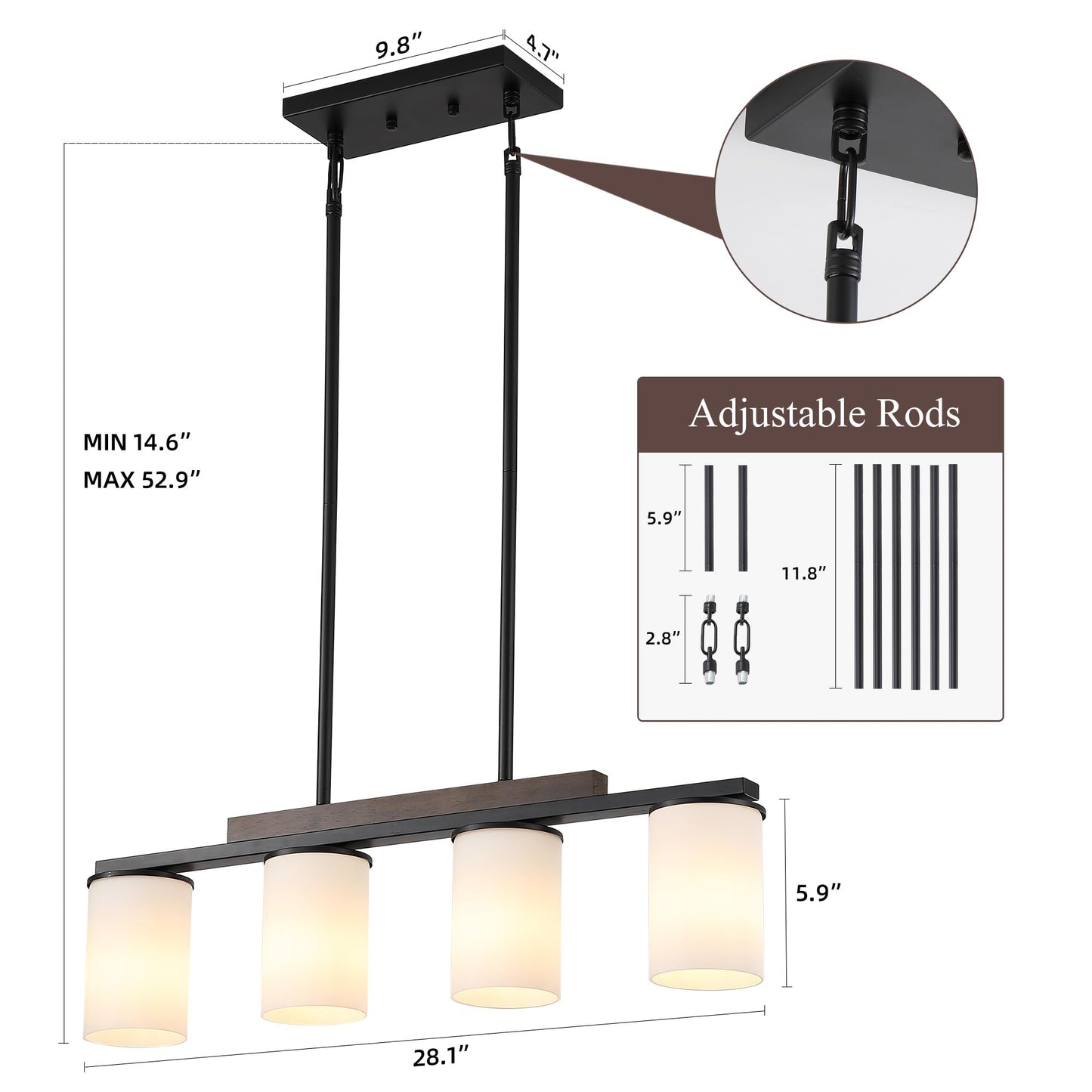 Mecgirn Farmhouse Dining Room Light Fixtures Over Table  Black Pendant Lights For Kitchen Island With Milk Glass Shade  4 Light Linear Chandelier Lighting With Wood