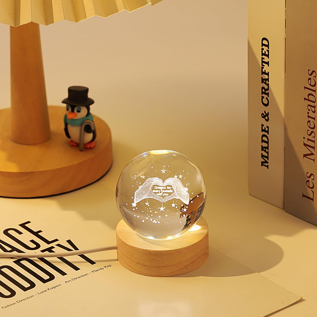 Hochance 3D Hand Crystal Ball Lamp With Adjustable Brightness Led Wooden Base Night Light For Kids Teens mature-themeds Birthday Gift Home Desk Office Bedroom Decor (6Cm / 2.4 )