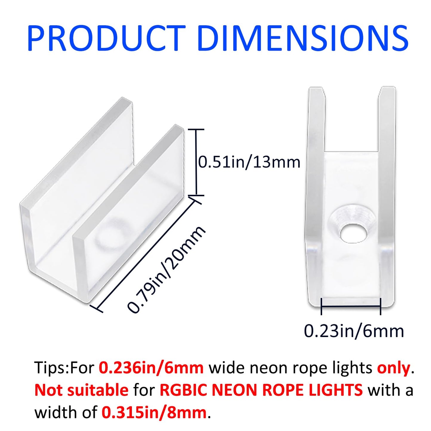 Lucienstar Neon Rope Light Mounting Brackets, PVC Clips for 6x12mm LED Strip, 100PCS, Includes 100 Screws, Neon Clips