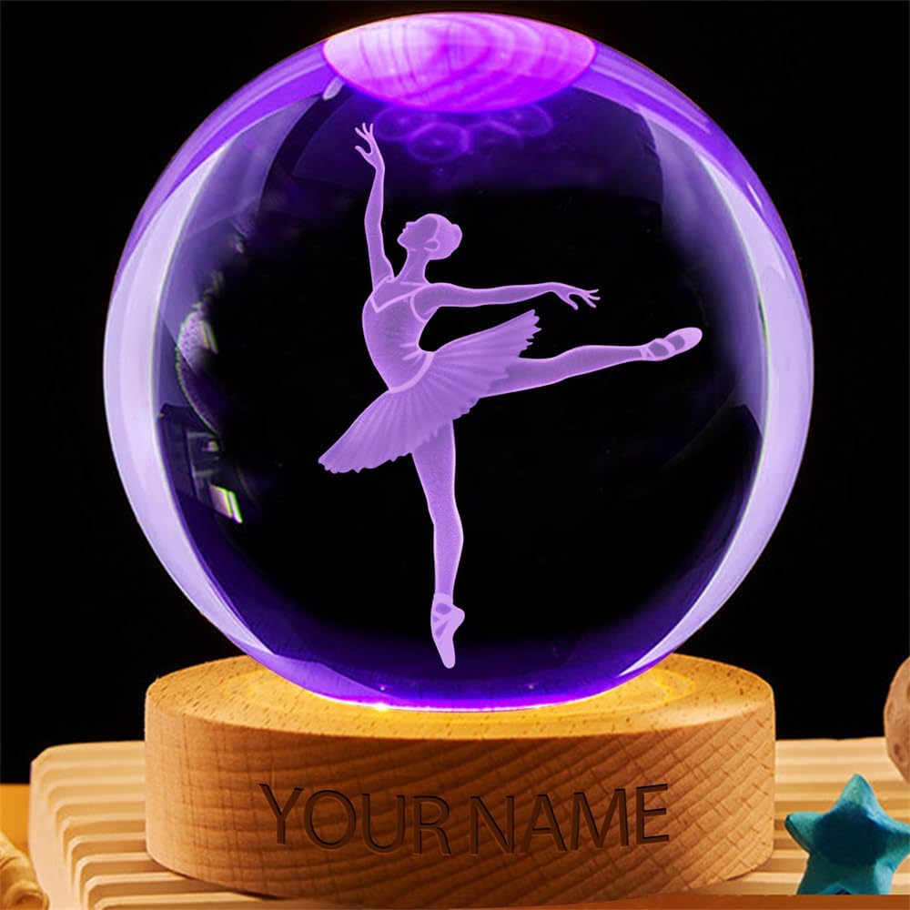 Personalized Ballet Crystal Night Light Gift for Women, Custom Name/Number Ballet Ballerina 3D Crystal Ball Night Light Lamp for Bedroom Room Dance Decor Party Bar Christmas Birthday Gift