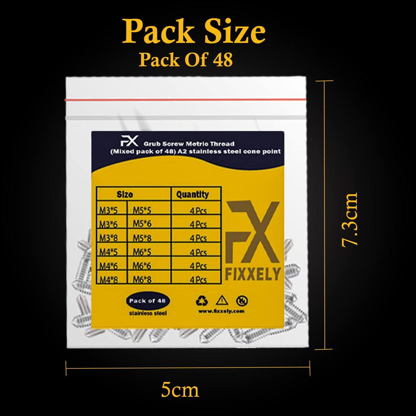 FIXXELY Cone Point Set Screws 48 Pcs (M3,M4,M5,M6) Hex Head - Metric 304 Stainless Steel Grub Screws Assorted Sizes Ideal for Home Repairs, Bathroom Fixtures and More