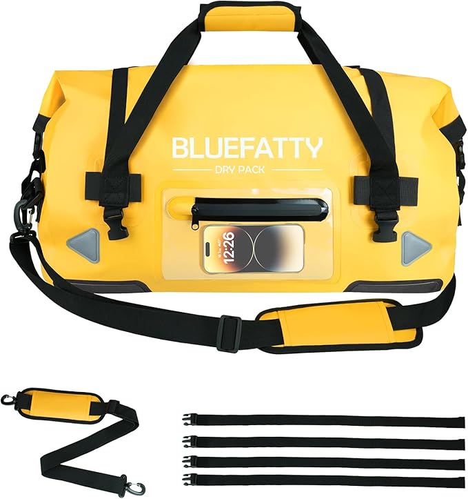Waterproof Motorcycle Duffel Bag Roll Top Dry Duffel Bag with Quick-fixed Straps for Rafting, Boating, Kayaking, Travel, 50L(Yellow)