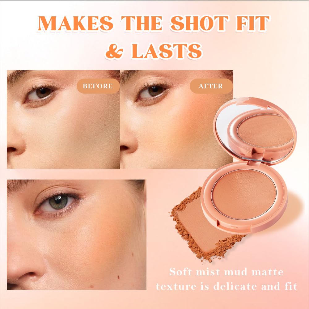 HHLTOH Warm Orange Powder Matte Blush with Mirror - Lightweight Smooth Blendable Baked Blush, Fade & Transfer-Resistant, Natural