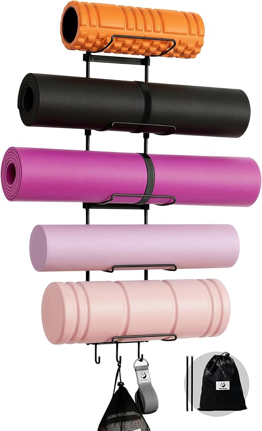 Slim Panda Yoga Mat Holder Wall Mount With Mesh Bag,Yoga Accessories Storage Rack,Home Gym Organizer with 5-Tier & 3 Hooks...