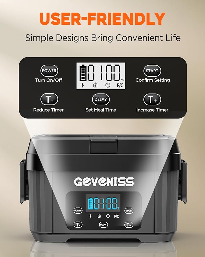 Cordless Electric Lunch Box for Adults – Battery-Powered Heated Lunch Box Food Warmer with 1.1L Stainless Steel Container, Timer Function, Leakproof, Portable for Work, Travel, Office