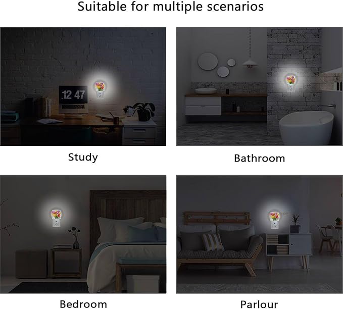 Aslsiy Night Light for Kids Watercolor Tulips in Vibrant Colors (4) Plug in Wall Lamp LED Dusk to Dawn Sensor Energy Saving Nightlight for Boys Girls Men Women