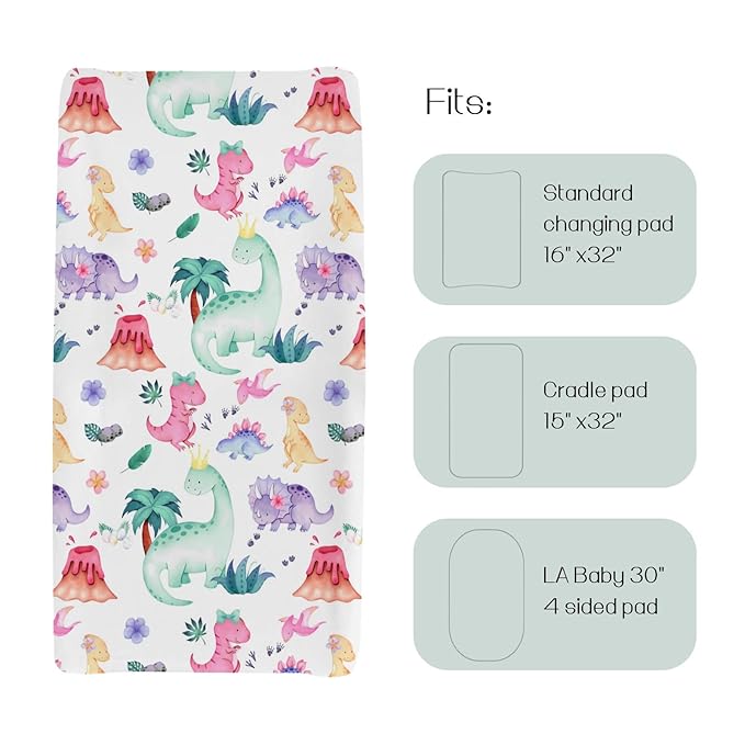 HawSkgFub Girls Dinosaur Changing Pad Cover for Baby Pink Purple, Dino Animal Tropical Diaper Change Table Covers, Ultra Soft Stretchy Breathable Safe Snug Fitted Changing Mat Sheets Fit 32"/34" x 16"