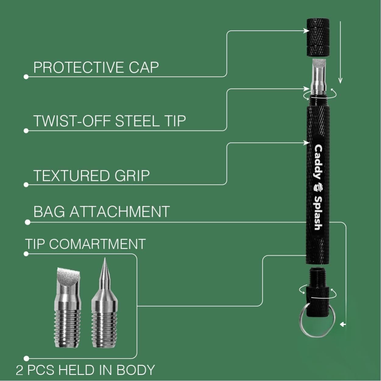 Caddy Splash Golf Club Groove Sharpener Tool - 3-in-1 Golf Club Cleaner for Wedge, Iron - Oblique, Straight, Spike Replacement Tips for U & V Grooves - Aluminum-Alloy Shaft, Heat-Treated Steel