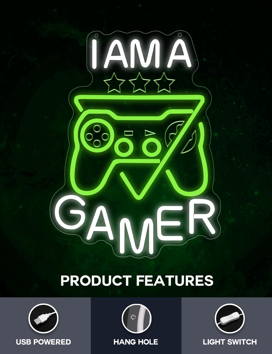 Lumoonosity Gamer Neon Sign - USB Powered LED Light for Gaming Room - 16.54inL x 12.6inW - White Game Controller Night Light