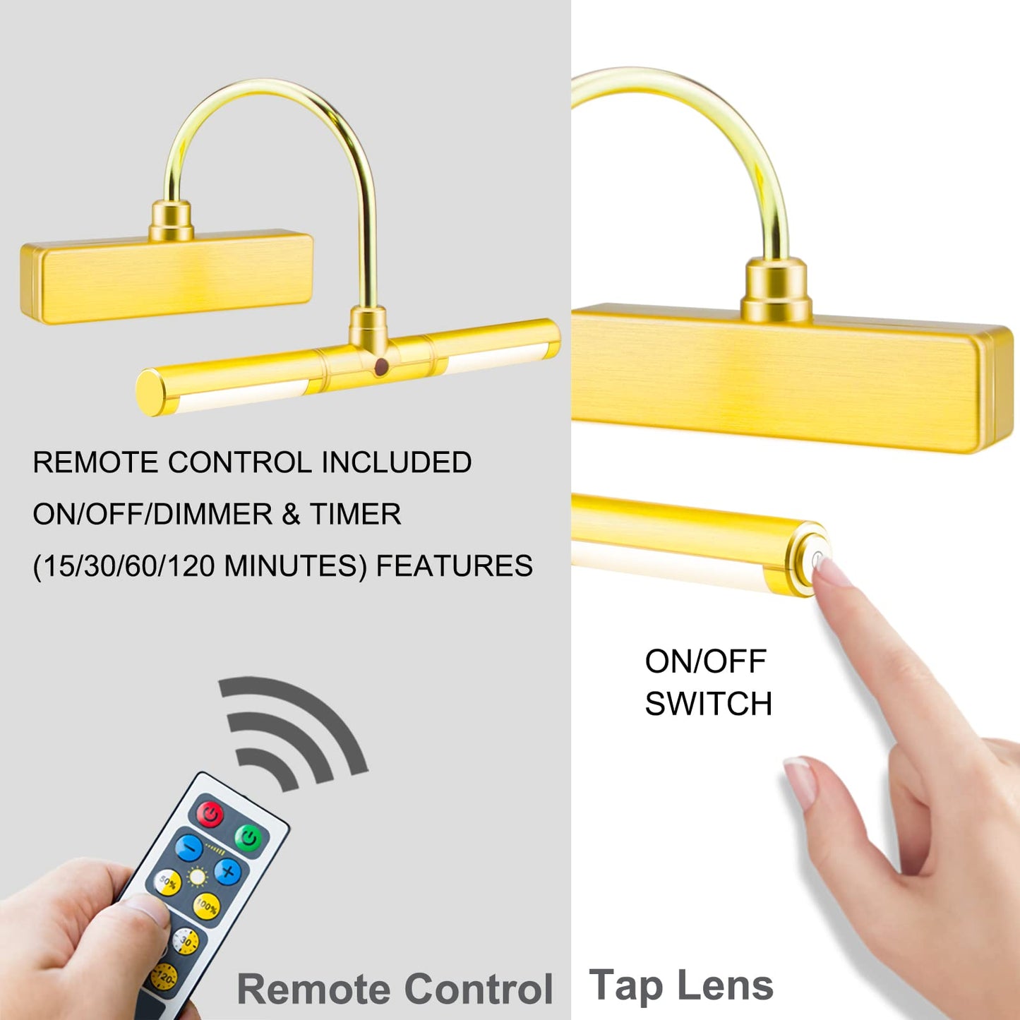 BIGLIGHT Wireless LED Picture Light with Remote, 3 Modes, Dimmable, 8.8in, Gold
