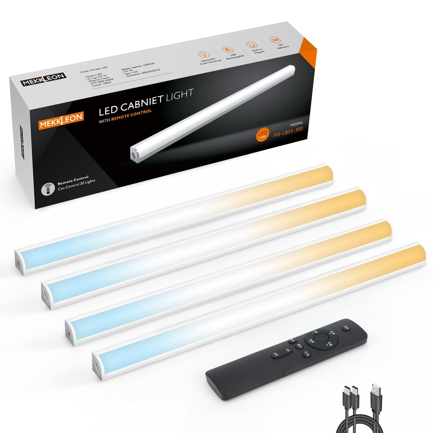 MEKKLEON Under Cabinet Lights, Magnetic Rechargeable Light Bar, 30 CM, White, Model LB55, Wireless for Kitchen and Wardrobe