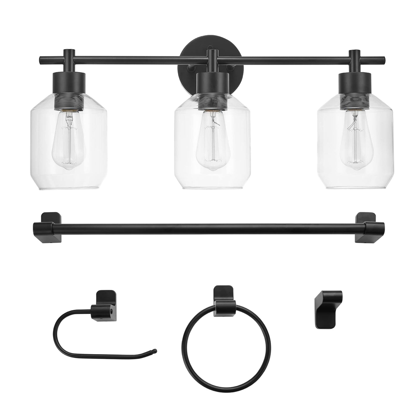 Globe Electric Cannes 5-Piece Bathroom Set, Matte Black, Metal, 3-Light Vanity Light, 11.75 inches, Model 65556