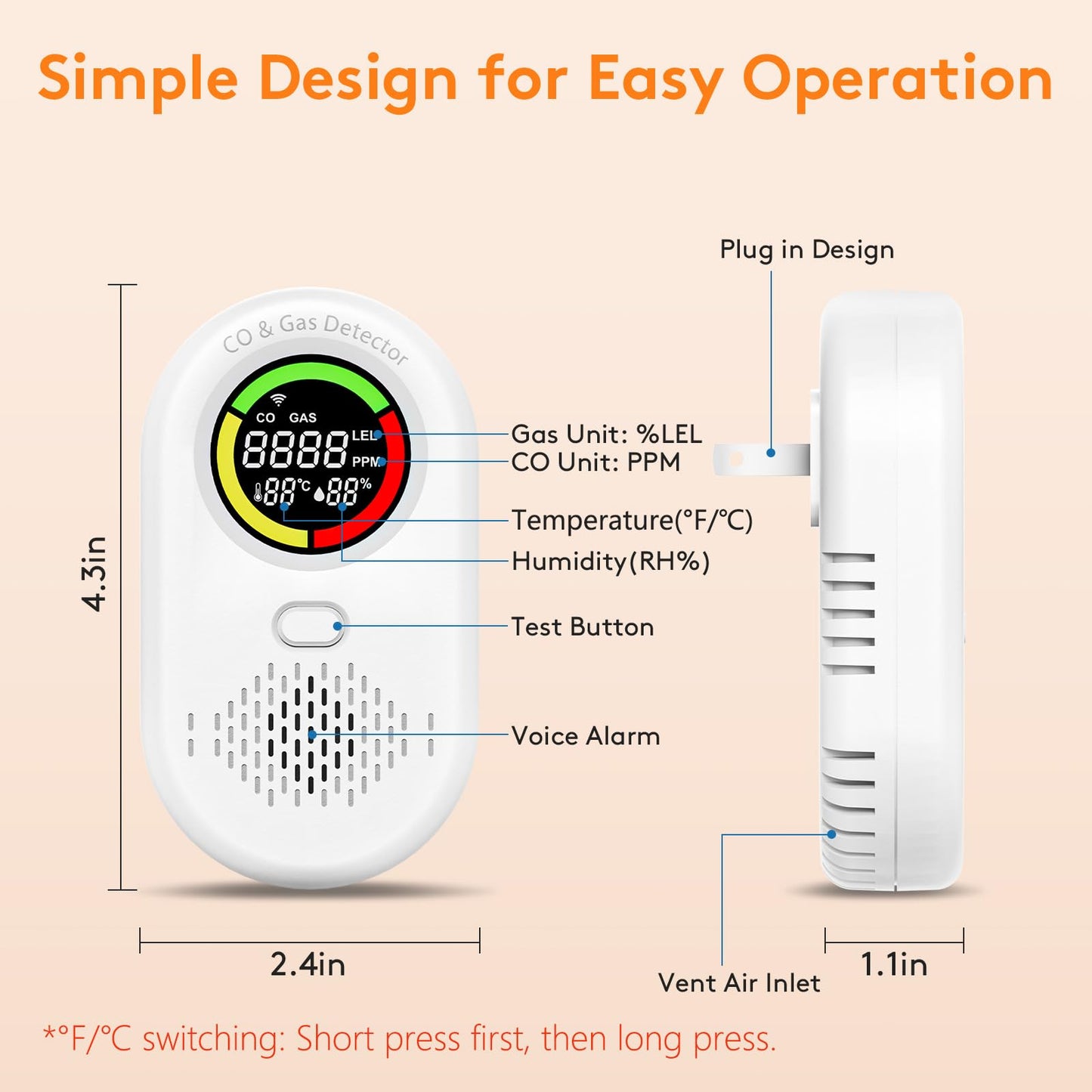 Carbon Monoxide Detectors Plug in, 4-in-1 Voice Broadcast Natural Gas Leak Detector, Portable LCD CO Detector with Temp and Humidity Monitor, Dual Sensor Methane Gas & CO Alarm for Home Travel RV