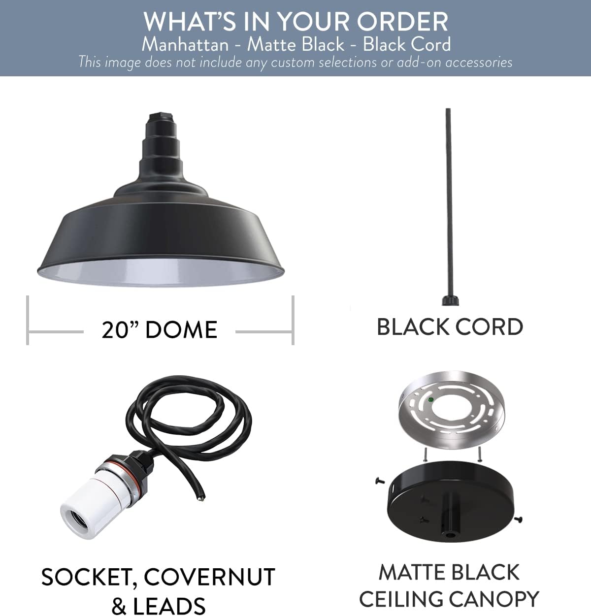 Steel Lighting Co. Manhattan Warehouse Light | Ceiling Mounted Pendant | 20 inch Dome | Black Cord | Large Steel Barn Light Made in America | Matte Black Exterior/White Interior