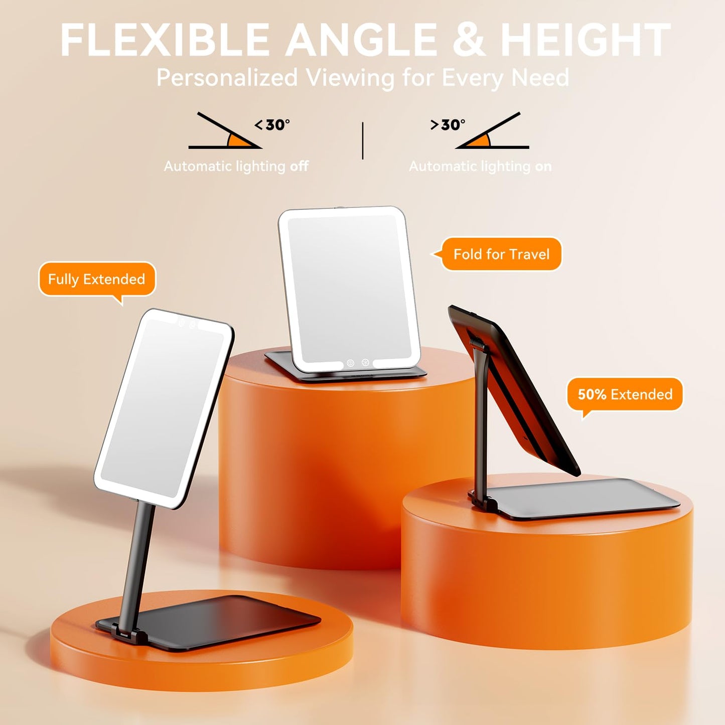 Auxmir Travel Makeup Mirror with 3 Dimmable Color Lights, Portable Foldable LED Lighted Travel Makeup Mirror, Rechargeable Compa