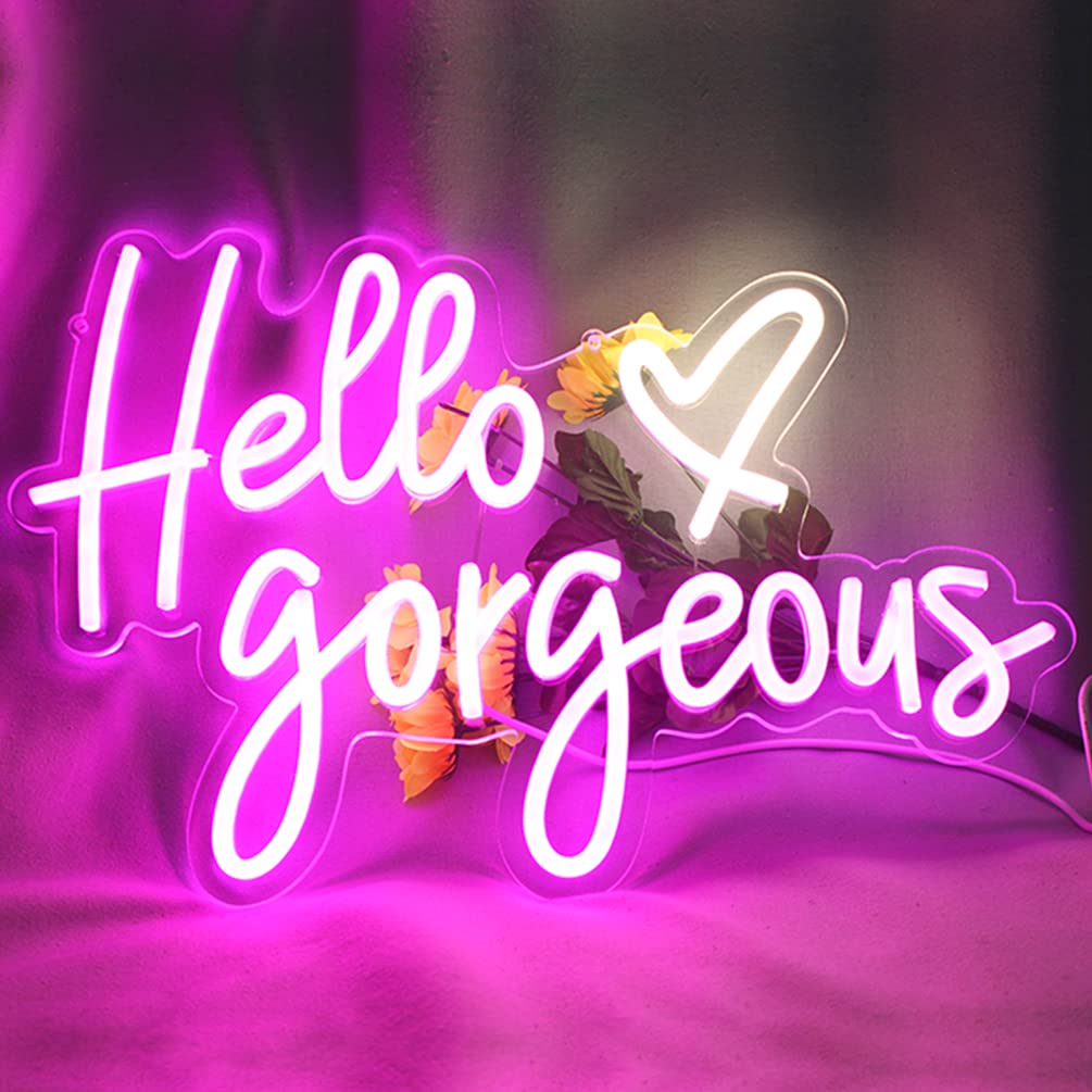 DAKABUKA Neon Signs Pink LED Light, Dimmable Switch, 16.5x11 inches, Acrylic, Model NL008-hello gorgeous, Wall Art for Home Decoration