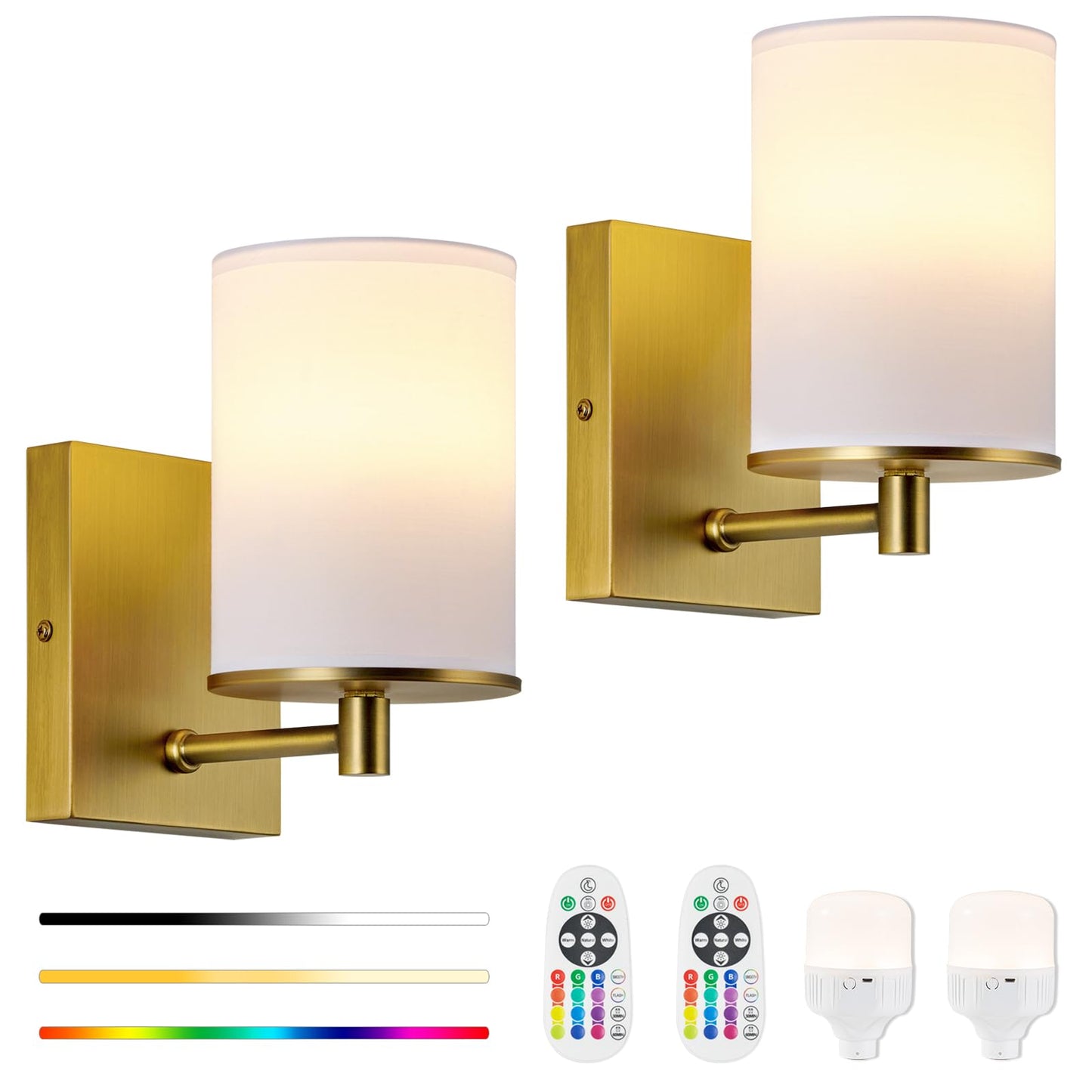 TERLEENART Battery Operated Wall Sconce Set of Two, RGB, Dimmable, Rechargeable, Antique Brass, Model TER-720-03-DP