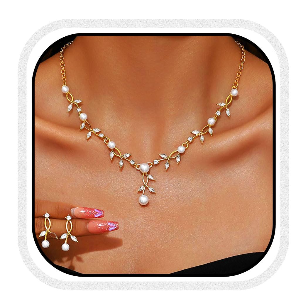 Unicra Gold Pearl Necklace Earrings Sets Rhinestone Bridal Wedding Jewelry Set Formal Prom Costume Jewelry Sets for Women and Br