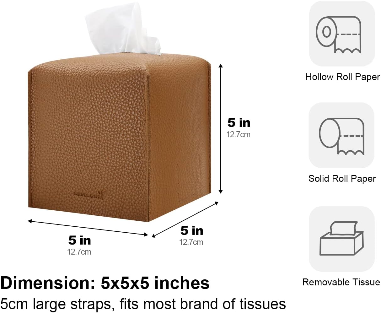Tissue Box Cover 5X5X5'' PU Leather Tissue Holder Square Tissue Cube Box Organizer for Bathroom Vanity Countertop, Car, Night Stands, Office, Home, Kitchen (2Pack, Brown)