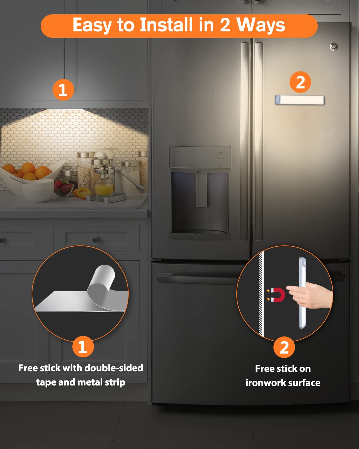 Priorare Motion Sensor Led Under Cabinet Light, 30Led, Warm White, Rechargeable Battery Operated, 2 Pack, Smd2835, Plastic & Aluminum