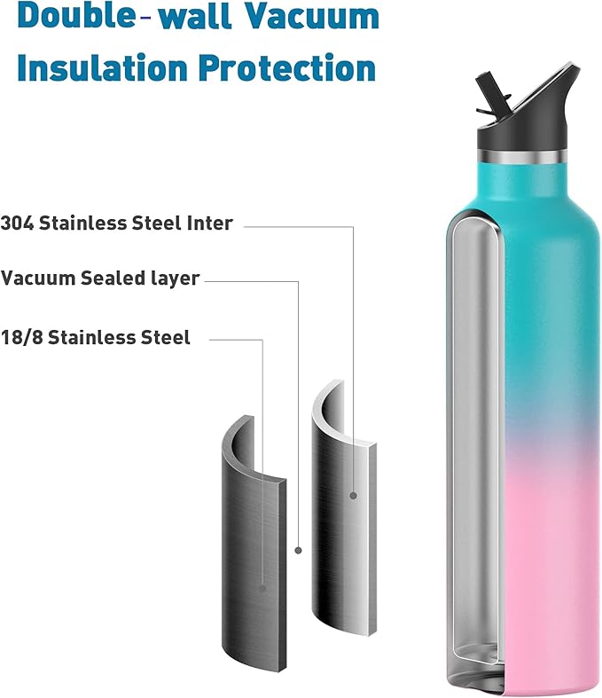 Stainless Steel Double Wall Water Bottles 17oz, Vacuum Insulated Bottle With Straw Lid, Insulated Water Bottle Keeps Water Cold for 24 Hours, Hot for 12 Hours, Hiking, Sports
