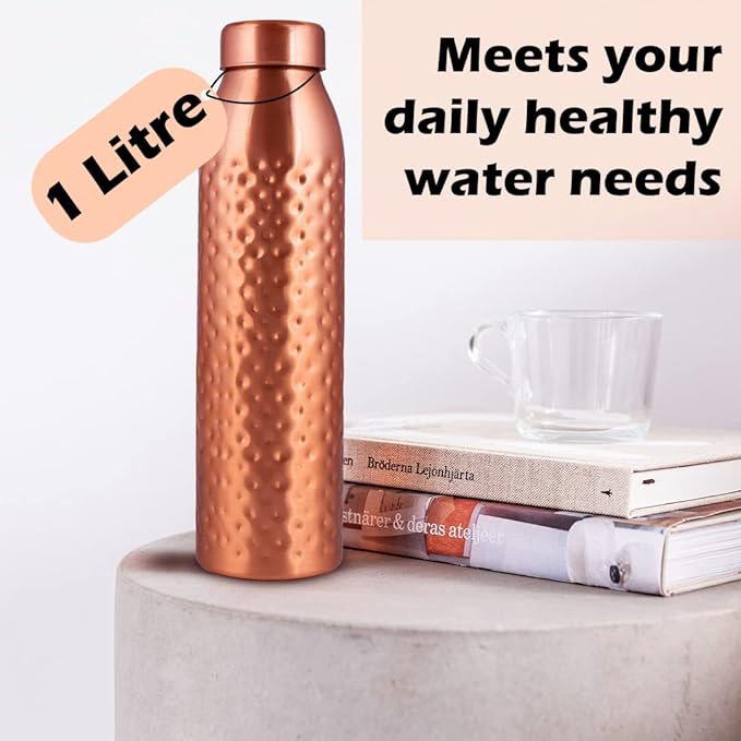 Copper Water Bottle 1Liter - Gift Box of 3, Plain 1, Hammered 2, an Ayurvedic vessel made of pure copper - helps you drink more water with many health benefits