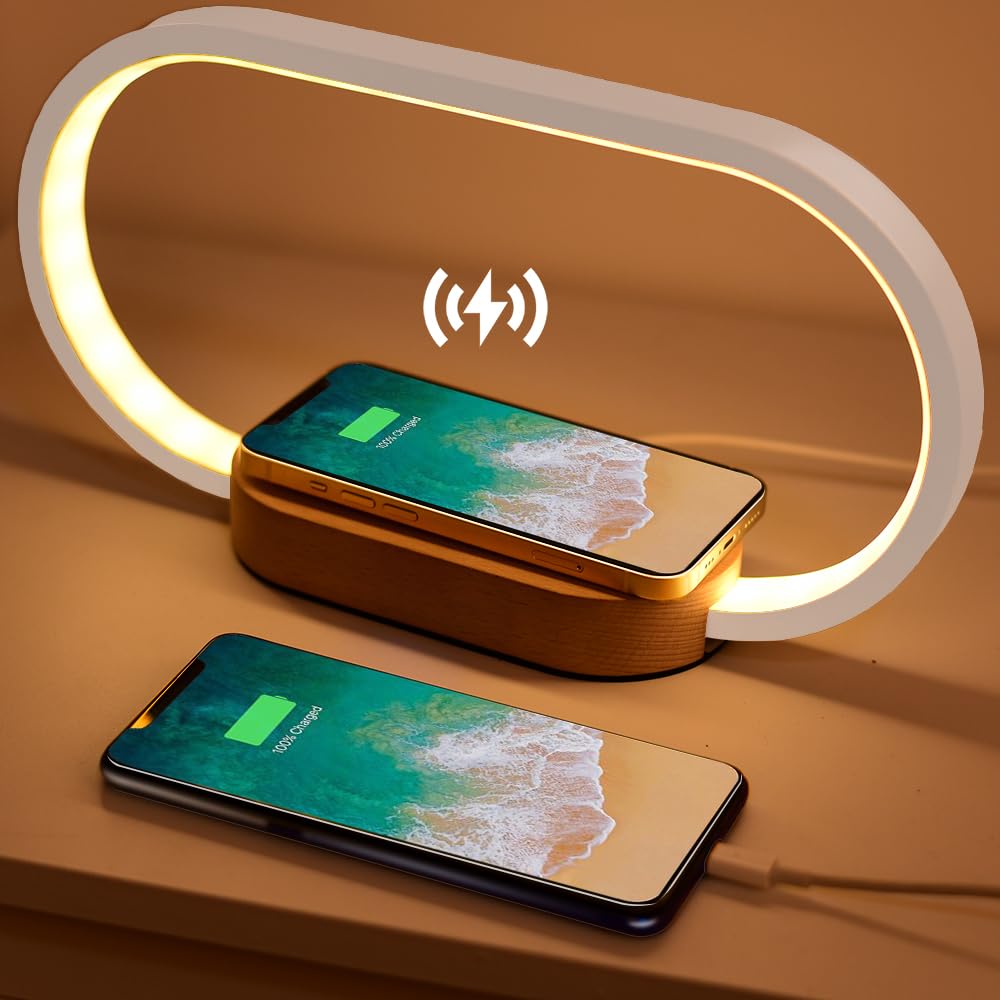 Donewin Wireless Charging Bedside Lamp With Usb Charging Port enhanced Wooden Nightstand Light For Bedroom Nursery Lamp Touch-Control Desk Lamp Ideal Gift Choice Stepless Dimming& 3 Color Temps
