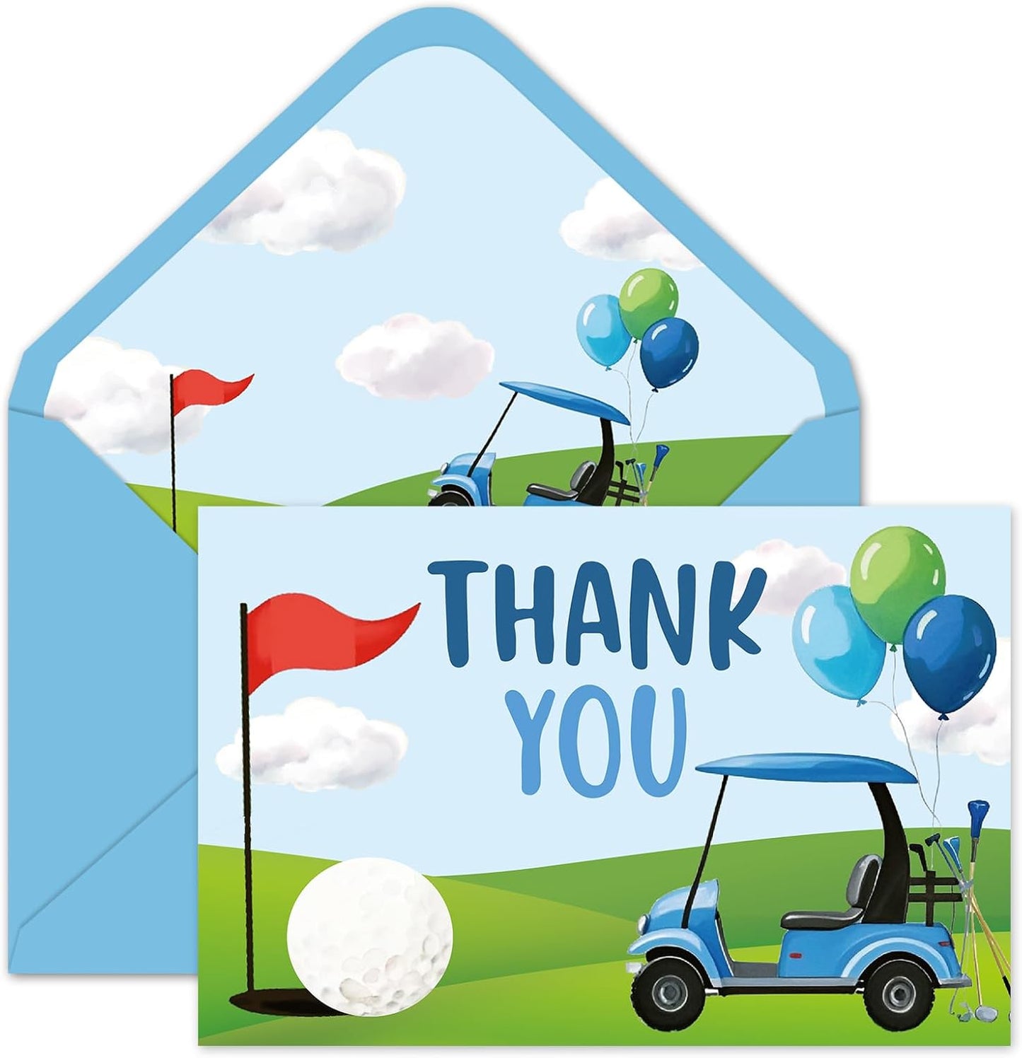 Whaline 24Pcs Golf Thank You Cards Golf Course Cart Balloon Greeting Card Blue Green Blank Note Cards with Envelope Sticker for Birthday Sport Party Supplies