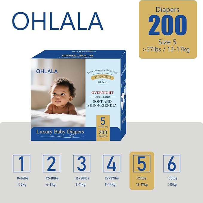 OHLALA Luxury Diapers Size 5 Skin-Friendly & Leakproof | Hypoallergenic | Fragrance-Free | Lightweight | 4 Pack 200counts | 27+ lbs