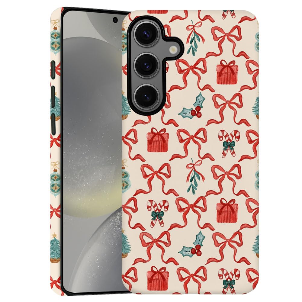 TnXee Case for Samsung Galaxy S24,Red Green Christmas Tree Scroll Bow Phone Case Drop Resistant Frosted 2 in 1 Solid Dual-Layer